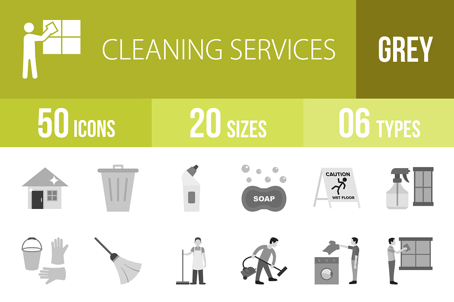 50 Cleaning Greyscale Icons