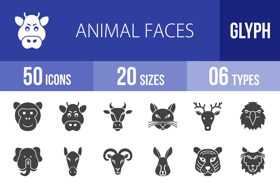 50 Animal Faces Glyph Icons