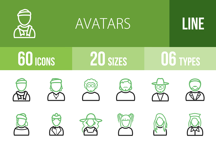 60 Avatars Line Green & Black Icons