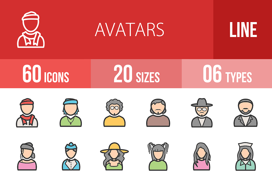 60 Avatars Filled Line Icons