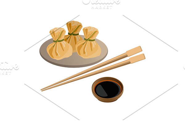 Three wontons on plate and soy sauce with sticks for sushi near.