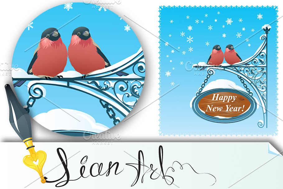 2 Bullfinches - Happy New Year Card in Card Templates - product preview 8