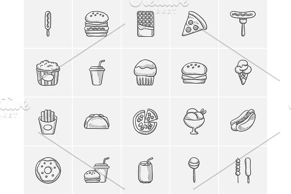 Junk food sketch icon set.
