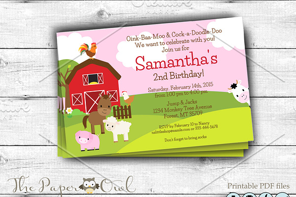 Farm Birthday Party invitation pink