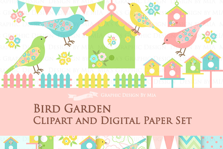 Bird Garden Clipart+Pattern set