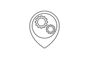 Map pointer with gears inside line icon