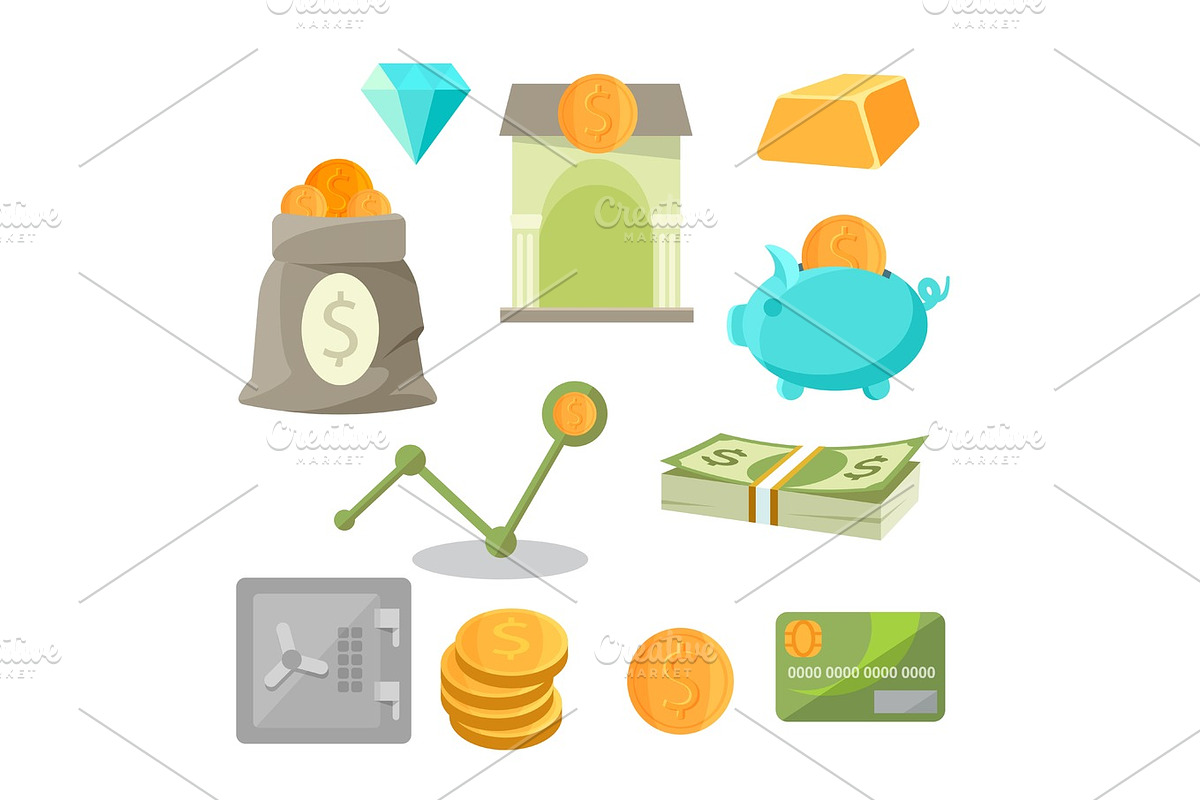 Business asset money investment icons set diamonds, gold, piggy, safe in Illustrations - product preview 8