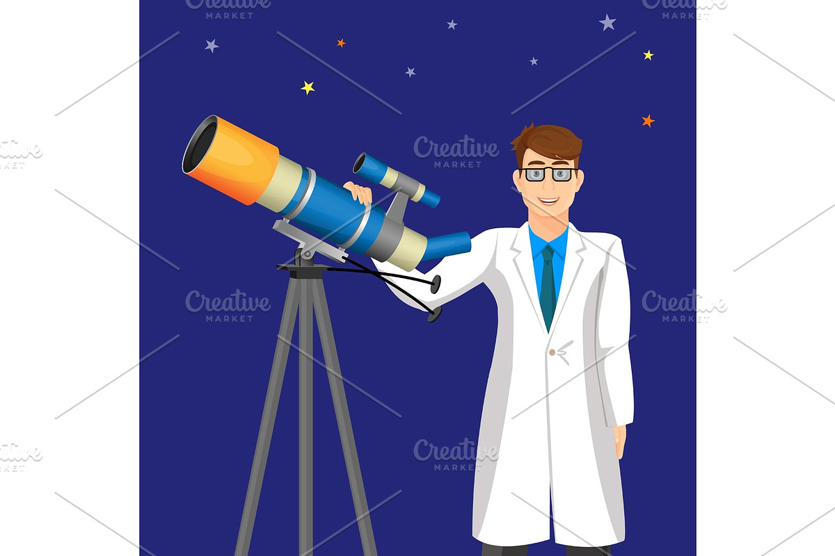 Scientist man with telescope on background of cosmic sky vector in Illustrations - product preview 8