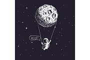 Cute astronaut riding a swing tethered to the moon