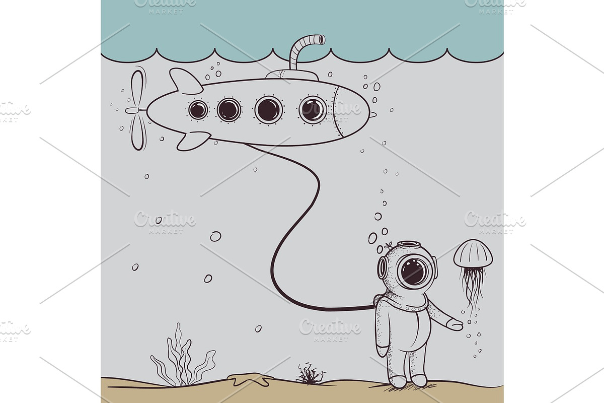 Cute diver dives from submarine to deep sea. in Illustrations - product preview 8