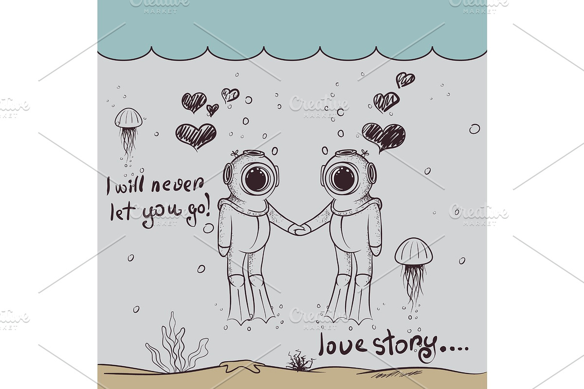 Cute love of two divers-boy and girl in Illustrations - product preview 8