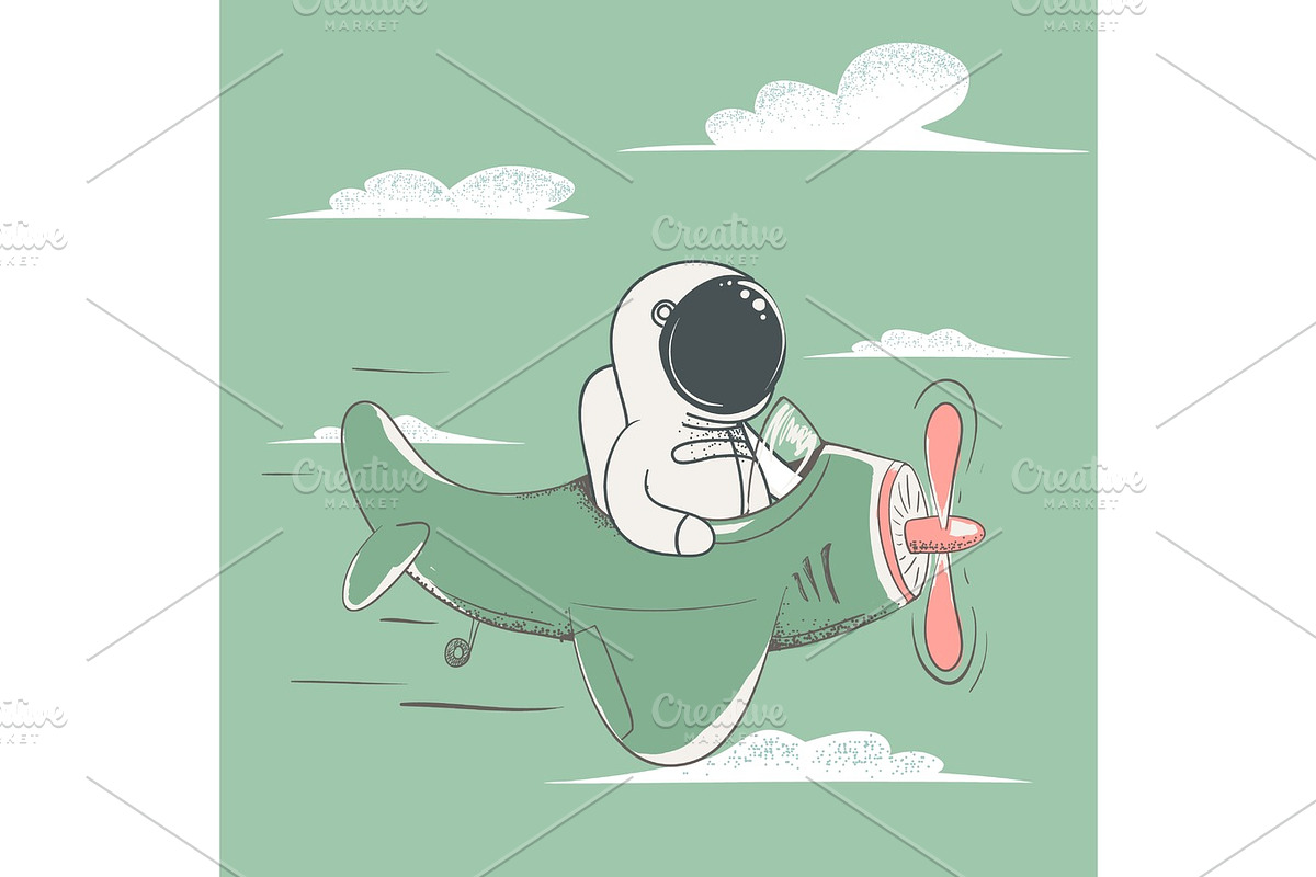 Happy astronaut flying on the plane in sky in Illustrations - product preview 8
