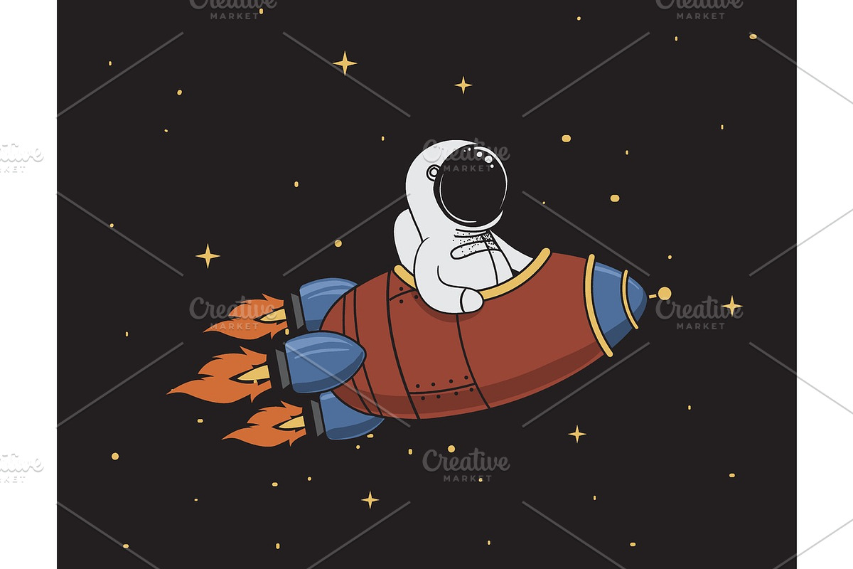 astronaut flying in outer space on rocket in Illustrations - product preview 8