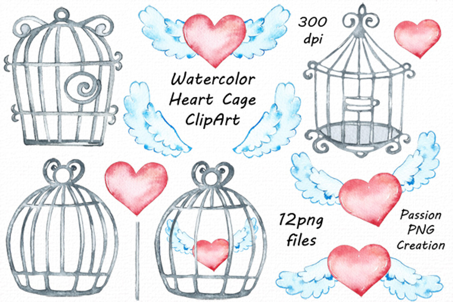 Watercolor Heart Cage Clipart in Illustrations - product preview 8