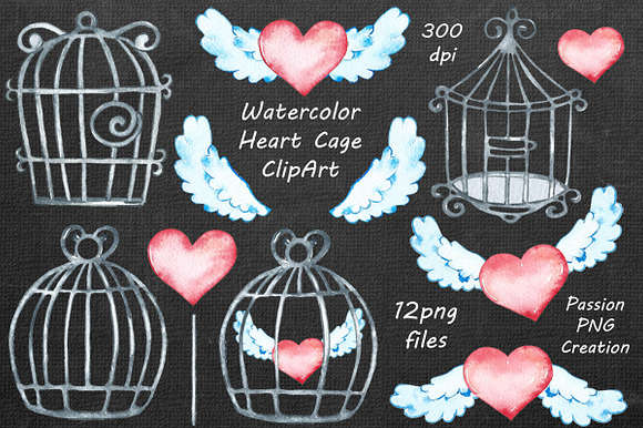 Watercolor Heart Cage Clipart in Illustrations - product preview 1