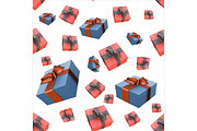Christmas New Year colorful red and blue gift boxes with bows of ribbons flying on white background. seamless pattern. 3d illustration.