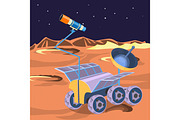 Spaceship investigate planet in space. Explore of barren moon