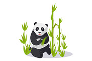 Panda Sitting between Bamboo Holds Green Leaves