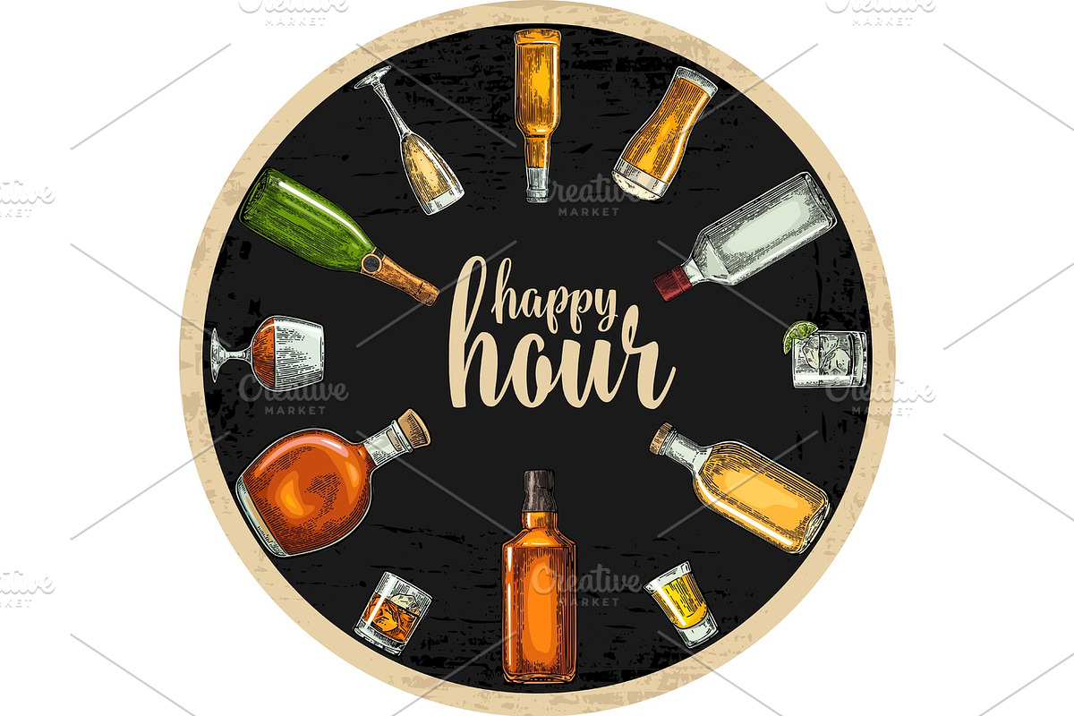 Coaster with bottle and glass with beer, whiskey, tequila, cognac, rum. in Illustrations - product preview 8