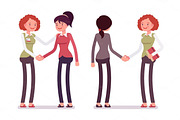 Set of female characters in a casual wear handshaking