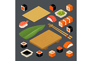 Set icon Sushi nigiri and rolls. Served with bamboo mat, chopsticks, wasabi, soy sauce and wood plate