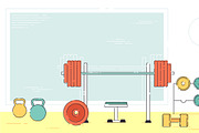 Gym exercise equipment room interior indoor set. Linear stroke outline flat style  icons. Monochrome cycle bike power weight lifting gymnastics rings ball wall bars icon collection