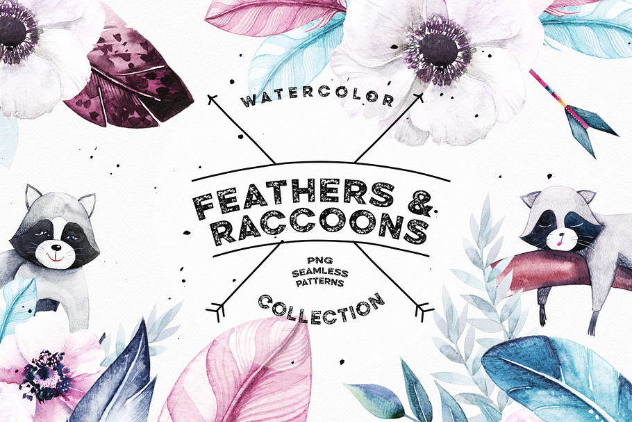 Watercolor Feathers & Raccoons