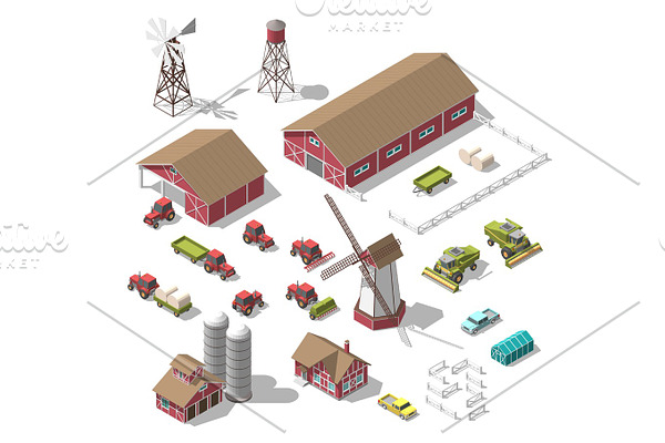 A set of 3D isometric elements for the infographics of a farm or game. Vector illustration of an isolated object on a white background