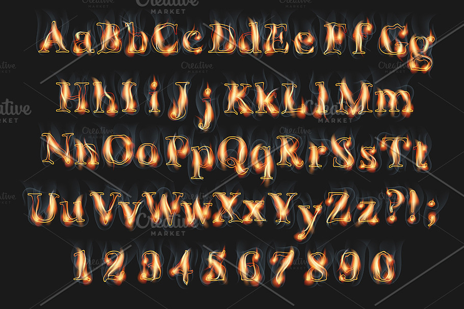 Fire burning alphabet and numbers