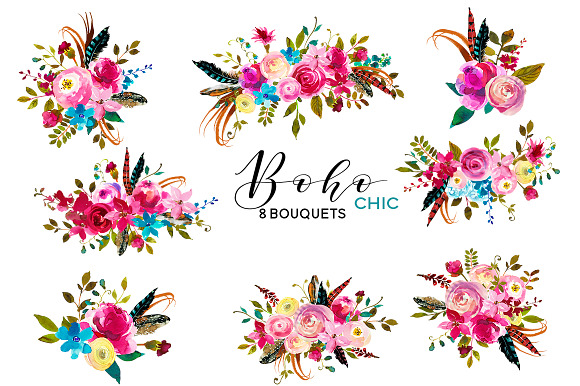 Boho Chic Pink Watercolor Flowers in Illustrations - product preview 1