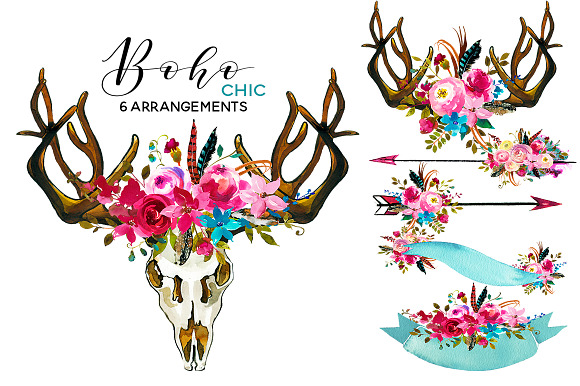 Boho Chic Pink Watercolor Flowers in Illustrations - product preview 3