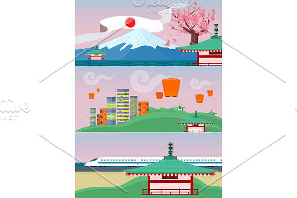 Japan Travelling Banner. Japanese Landmarks