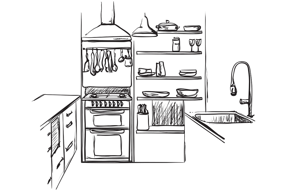 Kitchen interior. Furniture sketch in Illustrations - product preview 8