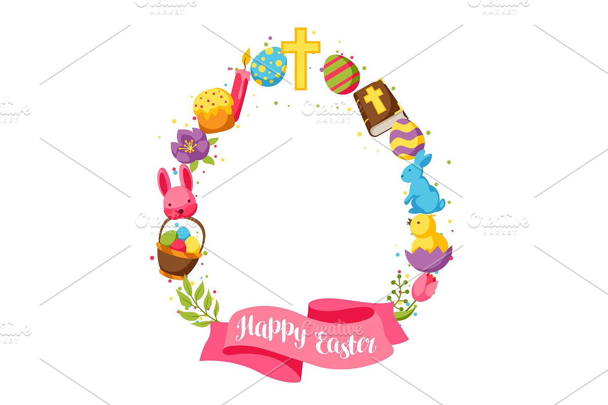 Happy Easter frame with decorative objects, eggs and bunnies in Illustrations - product preview 8