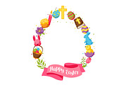 Happy Easter frame with decorative objects, eggs and bunnies