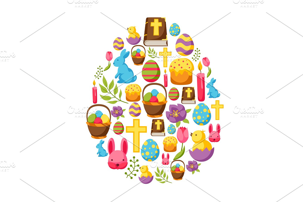 Happy Easter greeting card with decorative objects, eggs and bunnies in Illustrations - product preview 8