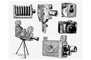 evolution of the photo, video, film, movie camera from first till now vintage, engraved hand drawn in sketch or wood cut style, old looking retro lens, isolated vector realistic illustration