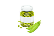 Glass jar with greeen peas and pods