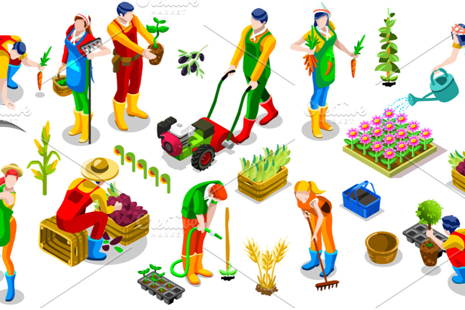 Isometric Farmer 3D People Icon Set