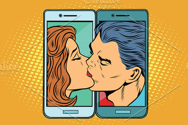 Retro man and woman kissing through a smartphone