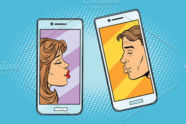 Retro boy and girl want to kiss via a smartphone