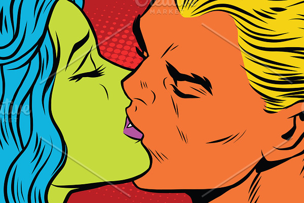 Female alien and male mutant kiss, love couple