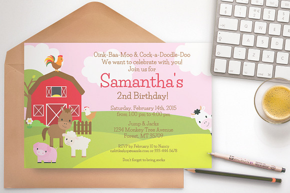 Farm Birthday Party invitation pink in Card Templates - product preview 1