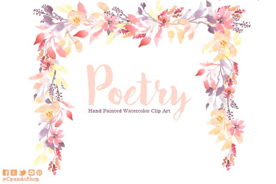 Poetry flower watercolor clip art in Illustrations - product preview 8