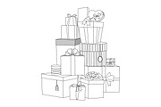 Big pile of wrapped gift boxes. Beautiful box. Gift box. Isolated vector present illustration. Coloring book