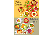 Fresh salad with vegetable, fish and meat icon set
