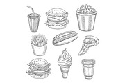 Fast food vector sketch isolated icons set