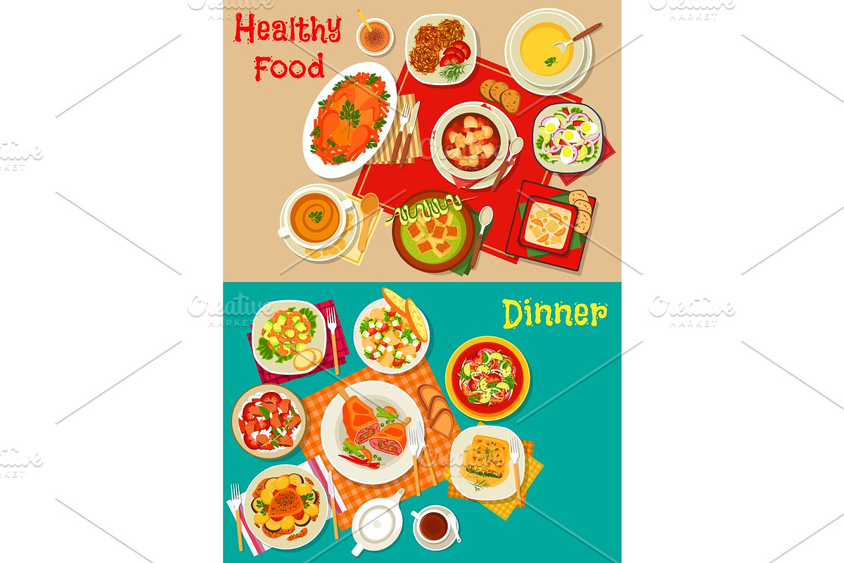 Fresh salad, soup and meat dishes icon set design in Illustrations - product preview 8