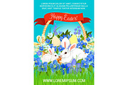 Easter paschal hunt eggs and bunnies vector poster