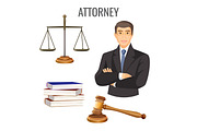 Attorney in glasses near scales, four books and judge gavel